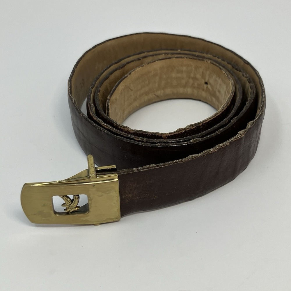 Vintage Men's Brown Genuine Leather Belt Brass Cutout Eagle Buckle Size 38 USA